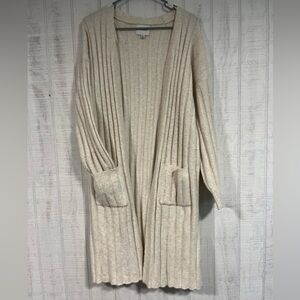 Pink rose | off white knee length ribbed cardigan | size L